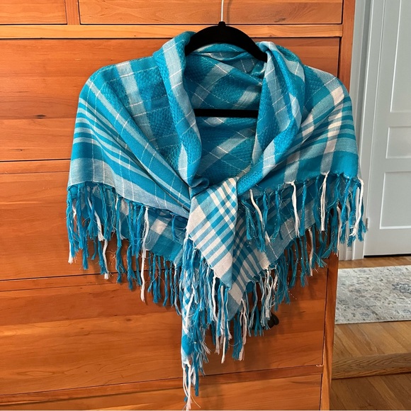 ALDO Square Scarf with Fringe. Aqua Blue, white and Silver Thread. - Picture 2 of 8